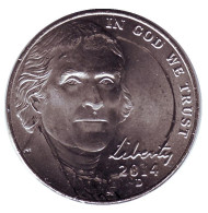 Монета 5 центов. 2014 год (D), США. Монтичелло. Монета 5 центов. 2014 год (D), США. Монтичелло.
