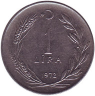 Монета 1 лира. 1972 год, Турция. Монета 1 лира. 1972 год, Турция.
