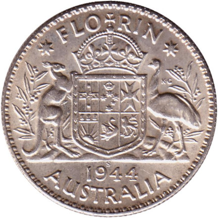 Монета 2 шиллинга (флорин). 1944 год, Австралия. (Отметка монетного двора: "S")