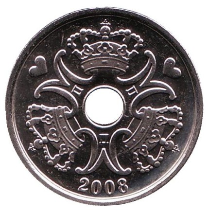 Монета 2 кроны. 2008 год, Дания. Монета 2 кроны. 2008 год, Дания.