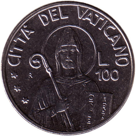 Монета 100 лир. 1990 год, Ватикан. Святой Бенедикт.