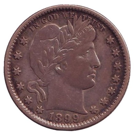 Монета 25 центов. 1899 год, США. (Без отметки монетного двора) "Четверть доллара Барбера".