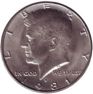 Монета 50 центов. 1981 год (D), США. Джон Кеннеди. Монета 50 центов. 1981 год (D), США. Джон Кеннеди.