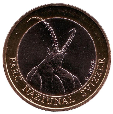 Монета 10 франков. 2007 год, Швейцария. Горный козёл. Швейцарский национальный парк.