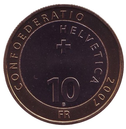 Монета 10 франков. 2007 год, Швейцария. Горный козёл. Швейцарский национальный парк. Монета 10 франков. 2007 год, Швейцария. Горный козёл. Швейцарский национальный парк.