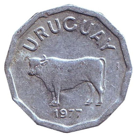 Монета 5 сентесимо. 1977 год, Уругвай. Бык.