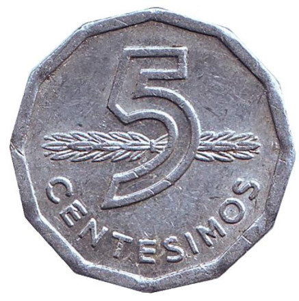 Монета 5 сентесимо. 1977 год, Уругвай. Бык.