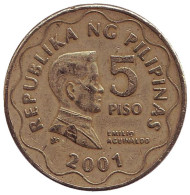 Монета 5 песо. 2001 год, Филиппины. Эмилио Агинальдо. Монета 5 песо. 2001 год, Филиппины. Эмилио Агинальдо.