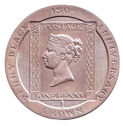 Монета 1 крона. 1990 год, Остров Мэн. 150 лет первой почтовой марке "Чёрный пенни".