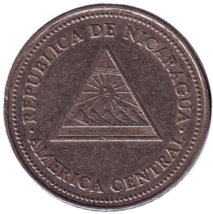 Монета 50 сентаво. 1997 год, Никарагуа. Из обращения. Горы-вулканы.