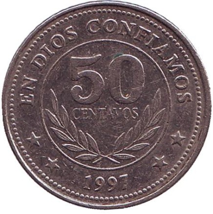 Монета 50 сентаво. 1997 год, Никарагуа. Из обращения. Горы-вулканы. Монета 50 сентаво. 1997 год, Никарагуа. Из обращения. Горы-вулканы.
