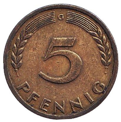 Монета 5 пфеннигов. 1949 год (G), ФРГ. Дубовые листья.