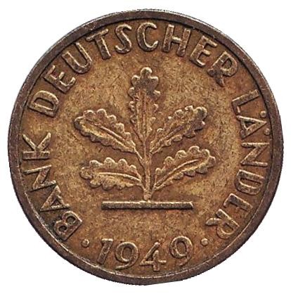 Монета 5 пфеннигов. 1949 год (G), ФРГ. Дубовые листья. Монета 5 пфеннигов. 1949 год (G), ФРГ. Дубовые листья.