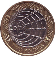 Столетие трансатлантическому радио. Монета 2 фунта. 2001 год, Великобритания.