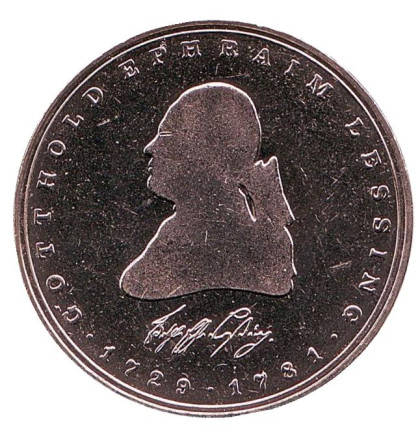 Монета 5 марок. 1981 год, ФРГ. UNC. 200 лет со дня смерти Готхольда Эфраима Лессинга.