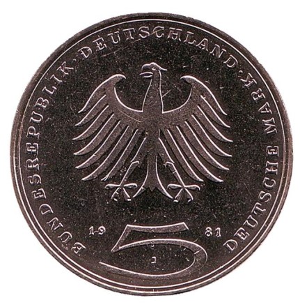 Монета 5 марок. 1981 год, ФРГ. 200 лет со дня смерти Готхольда Эфраима Лессинга. Монета 5 марок. 1981 год, ФРГ. 200 лет со дня смерти Готхольда Эфраима Лессинга.
