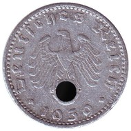 Монета 50 рейхспфеннигов. 1939 год, Германия (Третий Рейх). (D). Монета 50 рейхспфеннигов. 1939 год, Германия (Третий Рейх). (D).