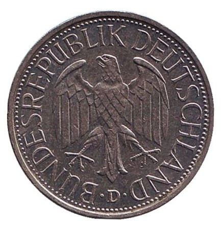 Монета 1 марка. 1985 год (D), ФРГ. Монета 1 марка. 1985 год (D), ФРГ.