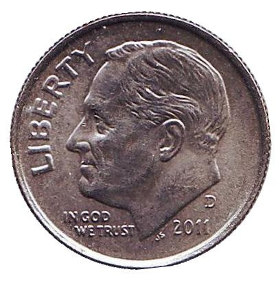 Монета 10 центов. 2011 (D) год, США. Рузвельт.