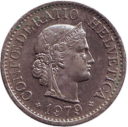 Монета 10 раппенов. 1979 год, Швейцария. Монета 10 раппенов. 1979 год, Швейцария.