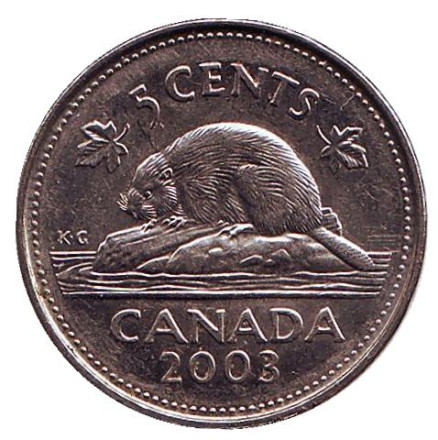 Монета 5 центов. 2003 год, Канада. (Новый профиль Елизаветы II). Бобр.