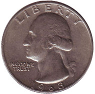 Монета 25 центов. 1968 год, США. Вашингтон. Монета 25 центов. 1968 год, США. Вашингтон.