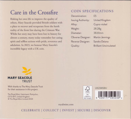 Монета 5 фунтов. 2023 год, Великобритания. Мэри Сикол.