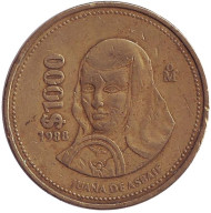 Монета 1000 песо. 1988 год, Мексика. Сестра Хуана Инес де ла Крус. Монета 1000 песо. 1988 год, Мексика. Сестра Хуана Инес де ла Крус.