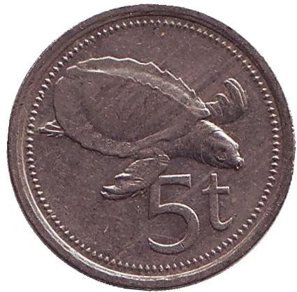 Монета 5 тойа, 1990 год, Папуа-Новая Гвинея. Свиноносая черепаха.