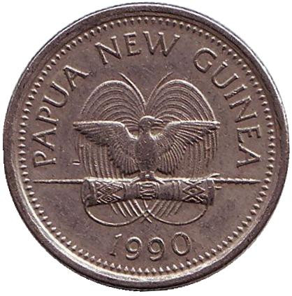 Монета 5 тойа, 1990 год, Папуа-Новая Гвинея. Свиноносая черепаха.