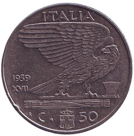 Монета 50 чентезимо. 1939 год (XVII), Италия. (Магнитные) Виктор Эммануил III.