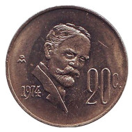 Монета 20 сентаво. 1974 год, Мексика. aUNC. Франсиско Мадеро. Монета 20 сентаво. 1974 год, Мексика. aUNC. Франсиско Мадеро.