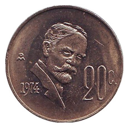 Монета 20 сентаво. 1974 год, Мексика. aUNC. Франсиско Мадеро.