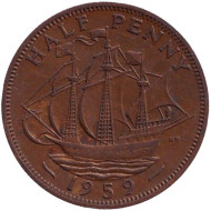 Монета 1/2 пенни. 1959 год, Великобритания. "Золотая лань". Монета 1/2 пенни. 1959 год, Великобритания. "Золотая лань".