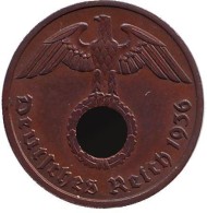 Монета 2 рейхспфеннига. 1936 год, Германия (Третий Рейх). (A). Монета 2 рейхспфеннига. 1936 год, Германия (Третий Рейх). (A).