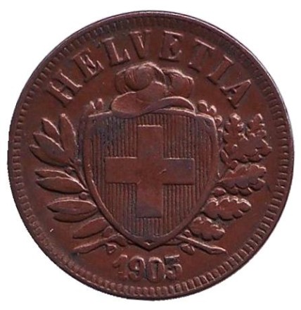 Монета 2 раппена. 1903 год, Швейцария. Монета 2 раппена. 1903 год, Швейцария.