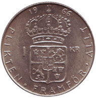 Монета 1 крона. 1966 год, Швеция. Густав VI. Монета 1 крона. 1966 год, Швеция. Густав VI.