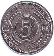Монета 5 центов, 1993 год, Нидерландские Антильские острова. Цветок апельсинового дерева. Монета 5 центов, 1993 год, Нидерландские Антильские острова. Цветок апельсинового дерева.