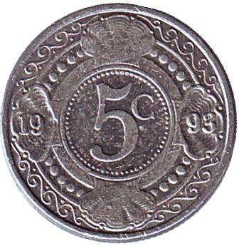 Монета 5 центов, 1993 год, Нидерландские Антильские острова. Цветок апельсинового дерева.