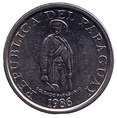 Монета 1 гуарани. 1986 год, Парагвай. Монета 1 гуарани. 1986 год, Парагвай.