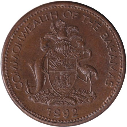 Монета 1 цент. 1992 год, Багамские острова. Морская звезда.