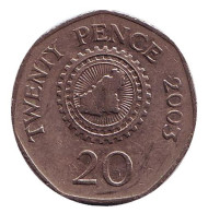 Монета 20 пенсов. 2003 год, Гернси. Карта острова Гернси. Монета 20 пенсов. 2003 год, Гернси. Карта острова Гернси.