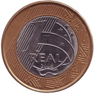Монета 1 реал. 2008 год, Бразилия. Монета 1 реал. 2008 год, Бразилия.