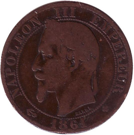 Монета 5 сантимов. 1861 год (BB), Франция. Наполеон III.