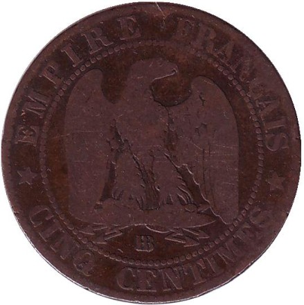 Монета 5 сантимов. 1861 год (BB), Франция. Наполеон III.