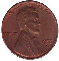 Монета 1 цент. 1955 год (D), США. Линкольн. Монета 1 цент. 1955 год (D), США. Линкольн.