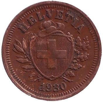 Монета 1 раппен. 1930 год, Швейцария.