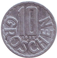 Монета 10 грошей. 1955 год, Австрия. Монета 10 грошей. 1955 год, Австрия.