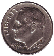 Монета 10 центов. 1987 (P) год, США. Рузвельт. Монета 10 центов. 1987 (P) год, США. Рузвельт.
