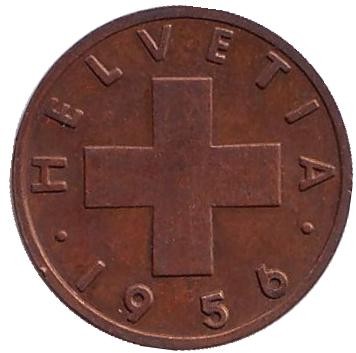 Монета 1 раппен. 1956 год, Швейцария. Монета 1 раппен. 1956 год, Швейцария.